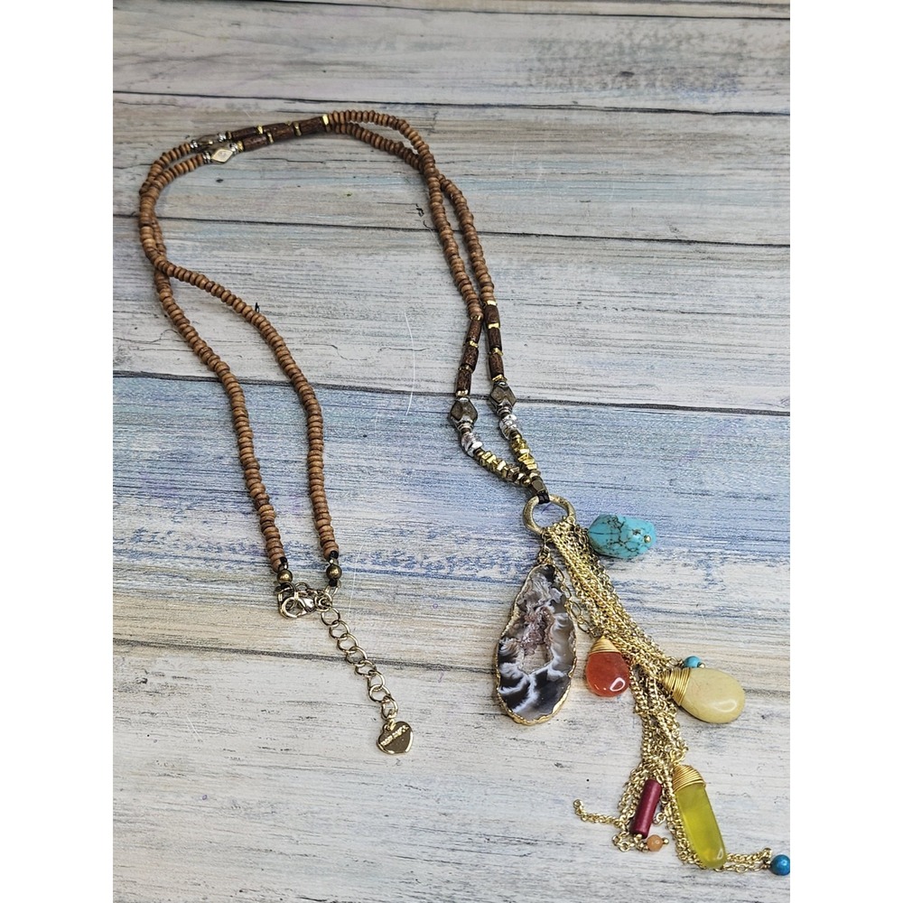 Nakamol Signed Tassel Turquoise Gem Stones Necklace 36" Disc Beads Dangle‎ NWOT